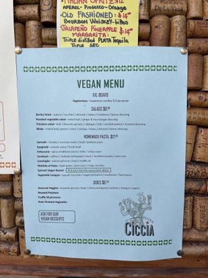 Vegan menu  at Ciccia Osteria in San Diego