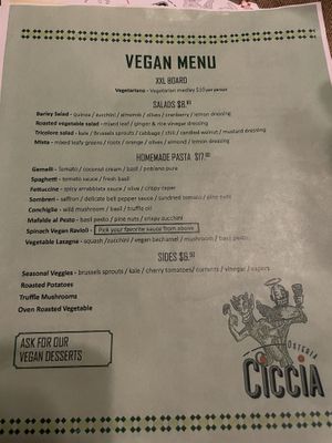 Vegan menu   at Ciccia Osteria in San Diego
