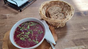 Borsch with sourdough bread at Ana Bistro Vegetarian in Constanta
