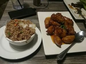 Orange ";Chicken"; with a side of fried rice at My Vegan in Pasadena