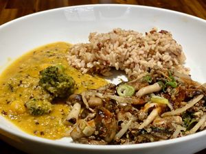Brown rice, Sizzling Mushroom and My Vegan Dal, plated after delivery at My Vegan in Pasadena