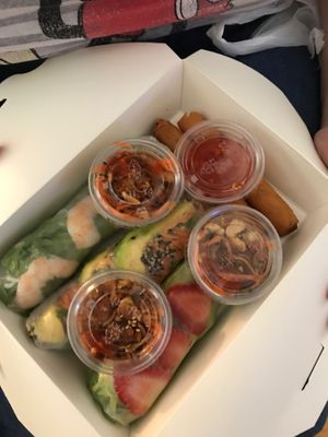 Shrimp-avocado spring roll, spicy carrot spring roll, and avocado-strawberry spring roll, plus two vegan fried rolls.  at Goi Cuon in San Diego