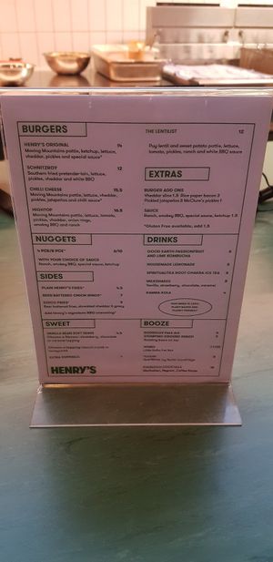 Menu at Henry's Burgers in Fitzroy
