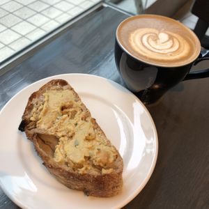 Soy latte, sourdouh bread with hummus  at The City Bakery  in Tokyo