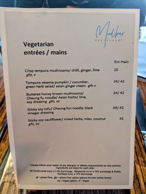Vegetarian/vegan menu - technically only available for dinner, but we were able to order for lunch. 22 June 2025. at Mudbar in Launceston