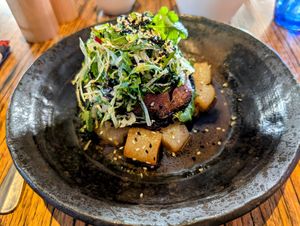 Vegan version of buttered mushrooms with noodles. The noodles are the pieces at the bottom. 22 June 2025. at Mudbar in Launceston