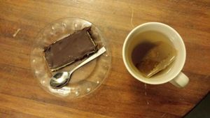 Mint brownie and ginger-apple tea at Turun Kirjakahvila in Turku