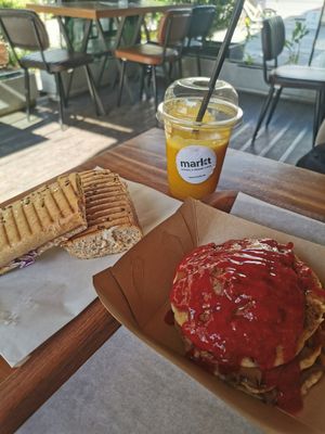 Vegan pastrami panini and pancakes at Markt Kitchen in Skopje