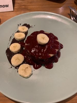 Vegan pancakes with chocolate and raspberry   at Markt Kitchen in Skopje