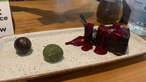 Vegan macha ball/ coffee ball and chocolate cheesecake   at Markt Kitchen in Skopje