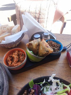 Dips and half frozen samosas at Fine Mama in Marrakech