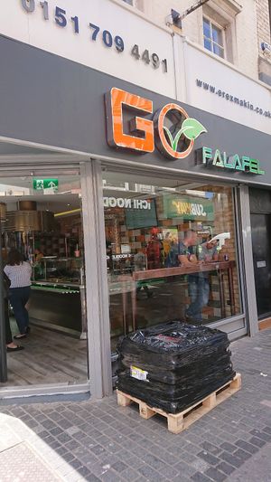 Outside (on a corner) at Go Falafel in Liverpool