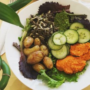 Summer Veggie Bowl 2019
Salad, lentils cooked with zucchini and basil, t’es houmous, parsley pesto, cucumber and potatoes at Cafe Aum in Issy-les-moulineaux