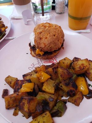 Breakfast sandwich with vegan egg, sausage and cheese at Erin McKenna's Bakery in Santa Monica