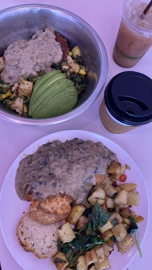 Biscuits & gravy on the bottom, loaded breakfast bowl on top.   at Erin McKenna's Bakery in Santa Monica