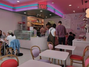 Seating inside at Erin McKenna's Bakery in Santa Monica