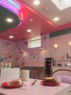 Adorably pink Pom Pom 50s retro at Erin McKenna's Bakery in Santa Monica