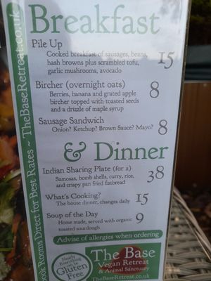 Menue at The Base Vegan Retreat & Small Animal Sanctuary in Bristol