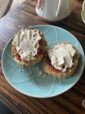 Scone with jam and cream  at The Base Vegan Retreat & Small Animal Sanctuary in Bristol