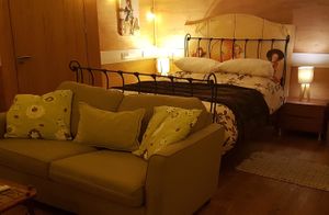 Studio living area in the chalet at The Base Vegan Retreat & Small Animal Sanctuary in Bristol