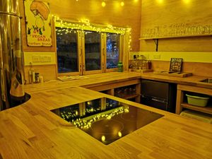 Open plan kitchen in the Chalet at The Base Vegan Retreat & Small Animal Sanctuary in Bristol