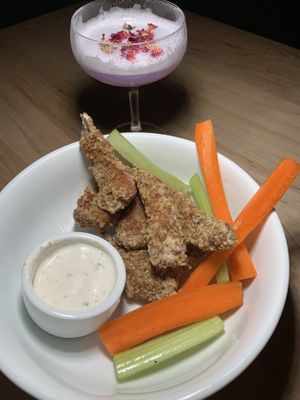 Vegan cocktail and vegan wings  at The Gradient in Brooklyn