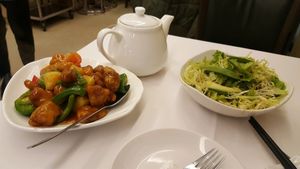 sweet and sour mock chicken and fresh salad with avocado at M Garden Vegetarian 常悅素食 in Kowloon