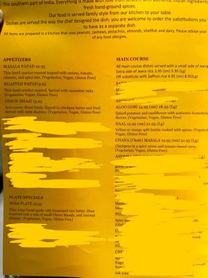 Vegan menu  at Spice Juneau Indian Cuisine in Juneau