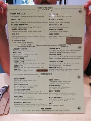 Liquids Menu at Home Vegan Bar in Docklands