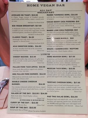 Solids Menu at Home Vegan Bar in Docklands