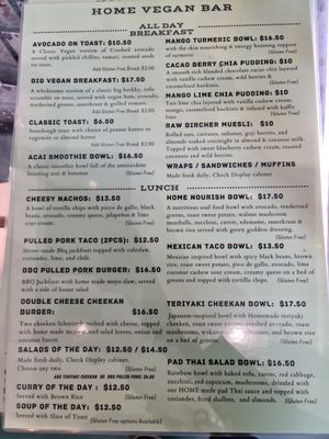Current menu at Home Vegan Bar in Docklands