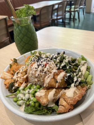 Dumpling bowl with green giant smoothie, yum 😋   at Home Vegan Bar in Docklands