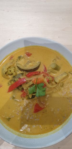 Thai yellow curry with brown rice at Home Vegan Bar in Docklands