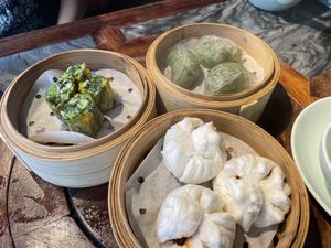 Lunch dim sum menu selections - siu mai, emperor vegetable dumplings, char siu bao  at Pure Veggie House 心齋 - Xīn Zhāi in Kowloon
