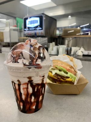 Strawberry Shake and burger! at Beleaf Burgers in Chino