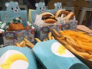 chicken nuggets, chicken sandwich, and a burger at Beleaf Burgers in Chino