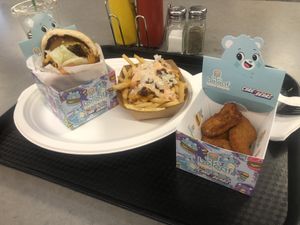 Burger, animal styled fries, and chicken nuggets at Beleaf Burgers in Chino