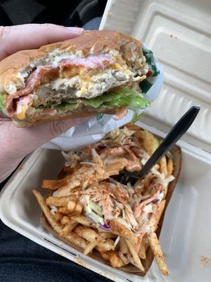 Chicken bacon ranch burger with Nashville hot fries. Also got nozzerella sticks. All were amazing. Just go! at Beleaf Burgers in Chino