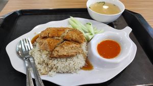 Chicken Rice - very crispy soy chicken & wow chilli! 👍 at Kang Su 康素 - Sims Dr in Central Singapore