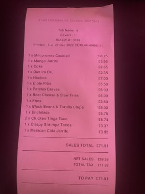 Bill for 4 people having a feast #Veganuary at Loco Ritas in Dundee