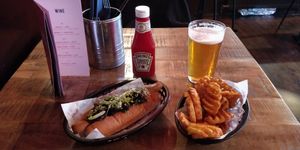Peeking dog with spiced lattice fries and Drygate beer at Loco Ritas in Dundee