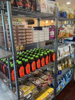 Chips, salt, honey (only non vegan thing here), seasonings, maca powder, matcha powder, pumpkin seeds, etc at NewLife Natural Vegetation Cell Food in Nassau