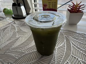 The GREEN JUICE: kale, spinach, moringa, lime, ginger, cactus, apple, agave nectar.   at NewLife Natural Vegetation Cell Food in Nassau