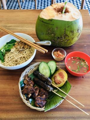 Ayam Bakar and Sate Kambing grill with noodles at Go Vegan Bali in Tibubeneng
