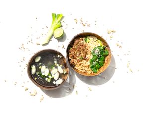 Mie Ayam (Typical Indonesian noodle soup, made from vegan meat and mushrooms, served with vegetable broth).   at Go Vegan Bali in Tibubeneng