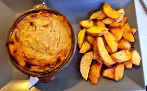 Moussaka and fried potatoes at da Veronica in Kefalonia