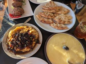 Fava bean spread and potato garlic spread with pita at da Veronica in Kefalonia