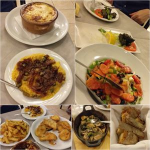 Moussaka, Fava, Vine Leaves, Salad, chips, Battered Aubergines and Courgettes, Mushrooms in White Wine Garlic and Thyme, and a bread basket! at da Veronica in Kefalonia