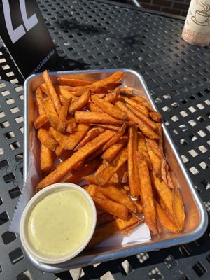 Sweet potato fries with agave mustard   at Turf Surf & Earth in Somerville