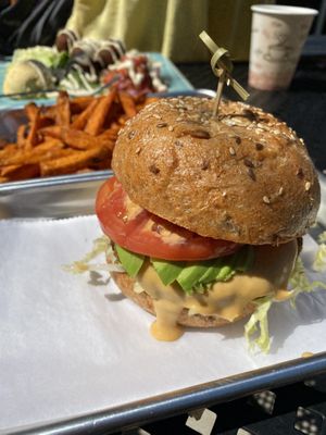How’s made Lentil/ mushroom burger with house made cashew cheese with avocado house made chipotle mayo, lettuce and tomato   at Turf Surf & Earth in Somerville